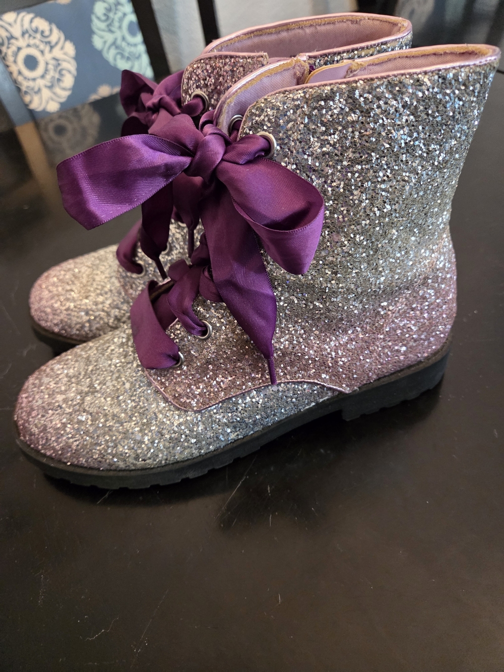 Girls' Purple Glitter Lace-Up Boots